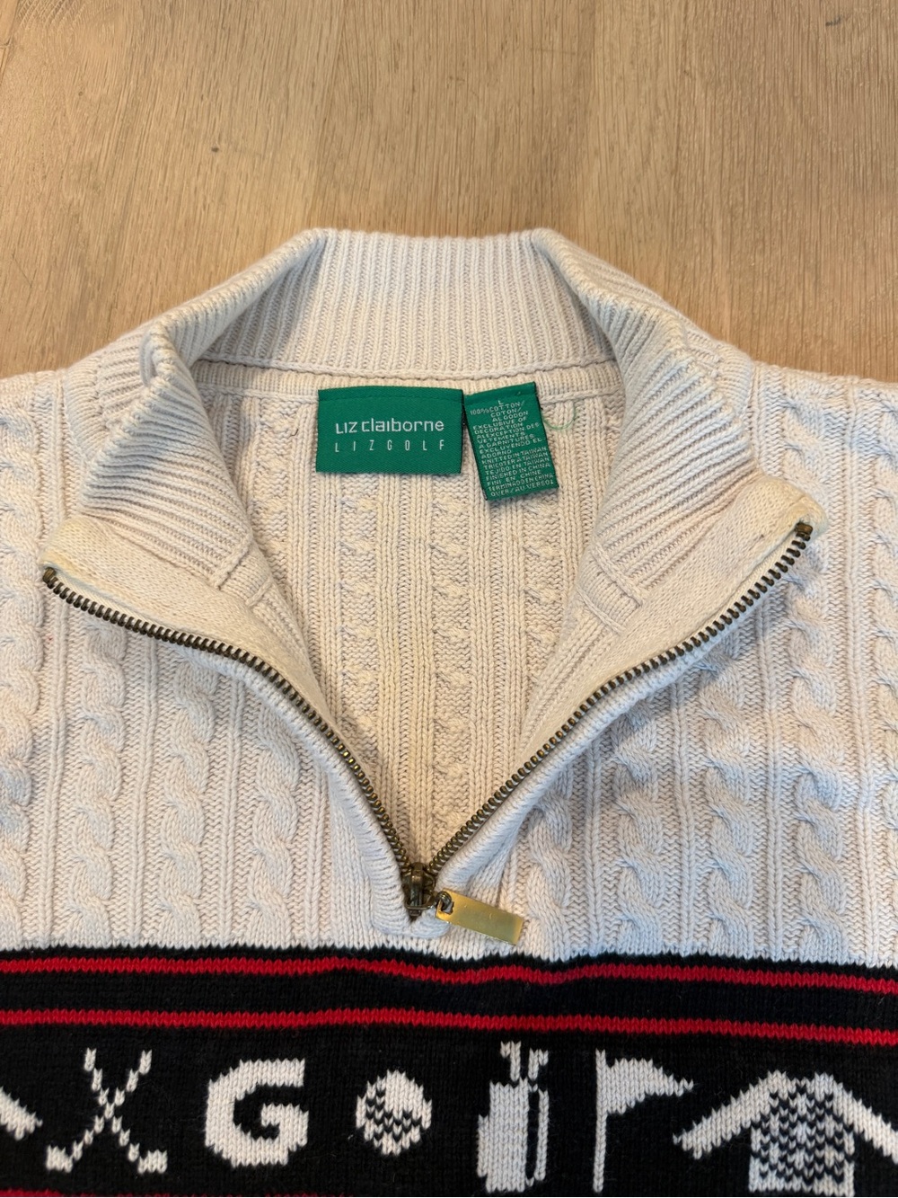 Vintage 90s Liz Claiborne Golf Cable Knit 100% Cotton Quarter Zip Sweater Large - Picture 2 of 6